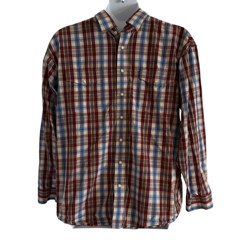 Panhandle Pearl Snap Shirt Mens XL Blue Red Plaid Long Sleeve Western Cowboy